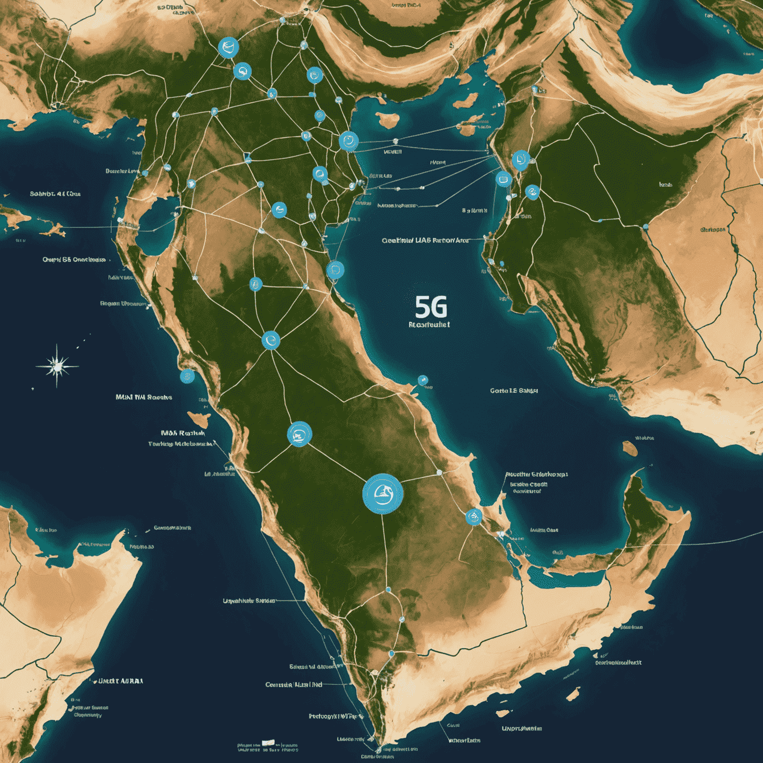 Map of UAE showing 5G coverage areas with network towers and speed indicators