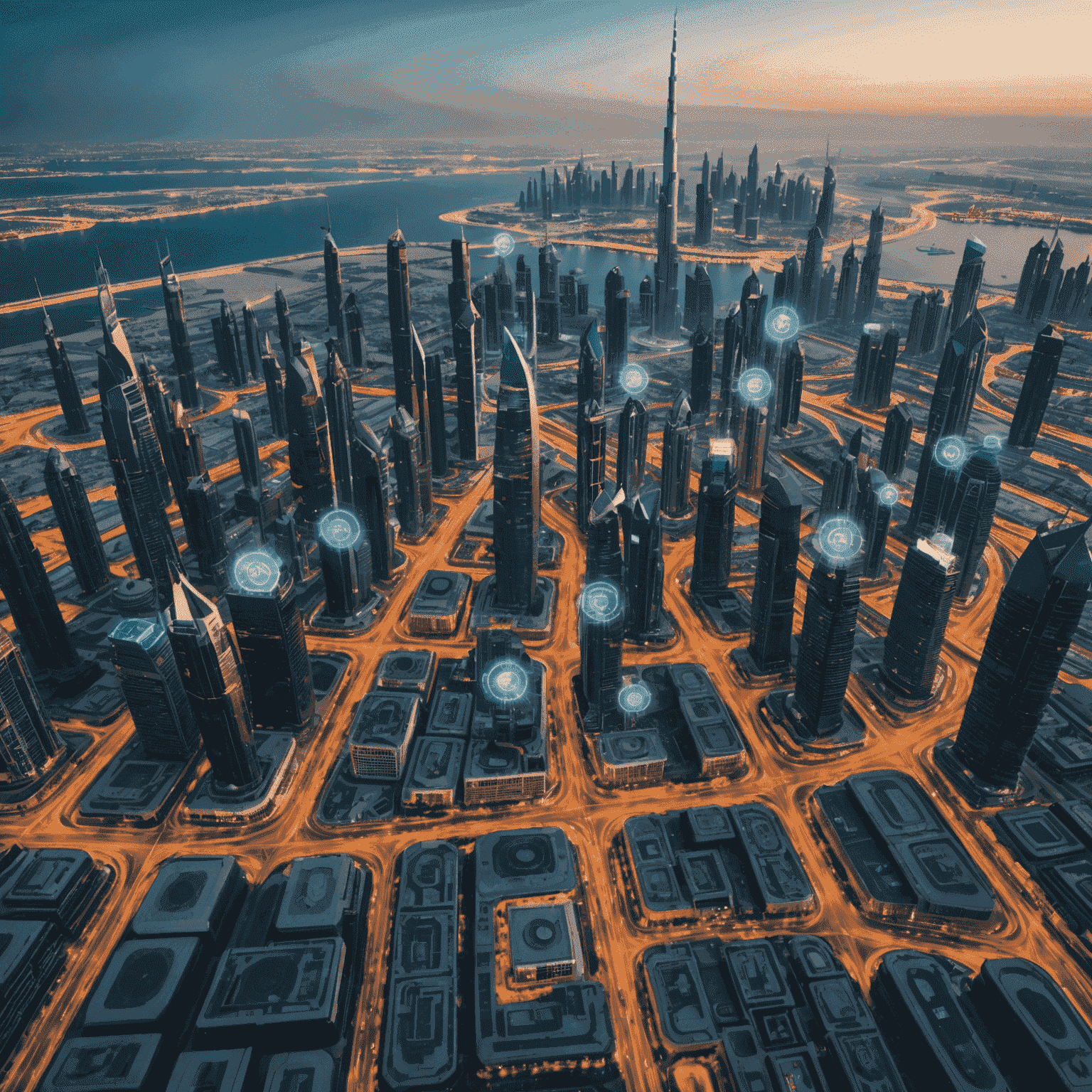 Aerial view of Dubai cityscape with 5G network visualization overlay, showing interconnected buildings and devices