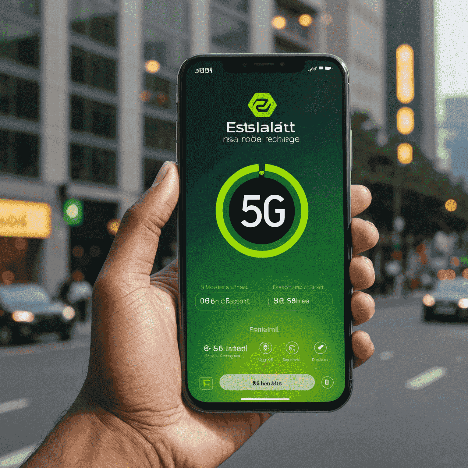 Etisalat mobile recharge offer showing a smartphone with 5G icon and fast speed indicator