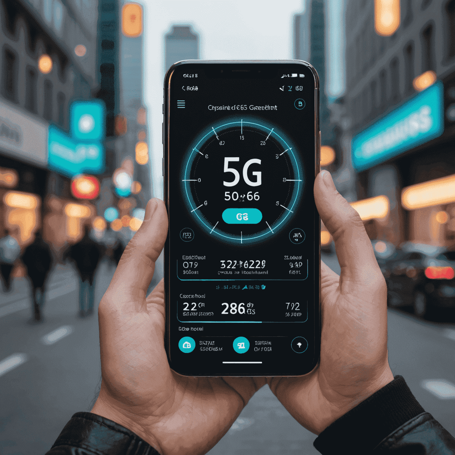 Person using smartphone with 5G speed test results displayed, showing ultra-fast download and upload speeds