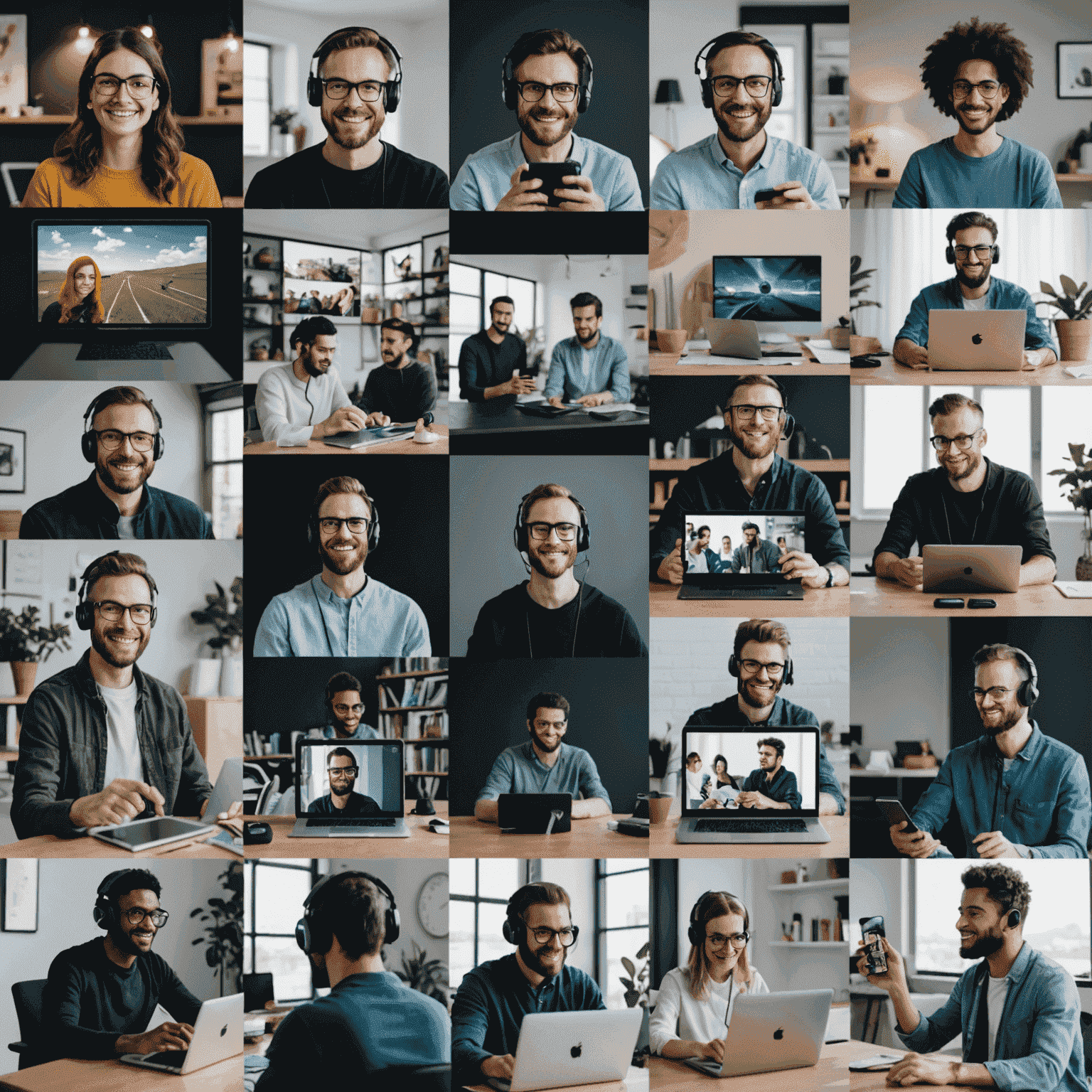 Collage of people using various devices benefiting from 5G: video calling, cloud gaming, and remote working