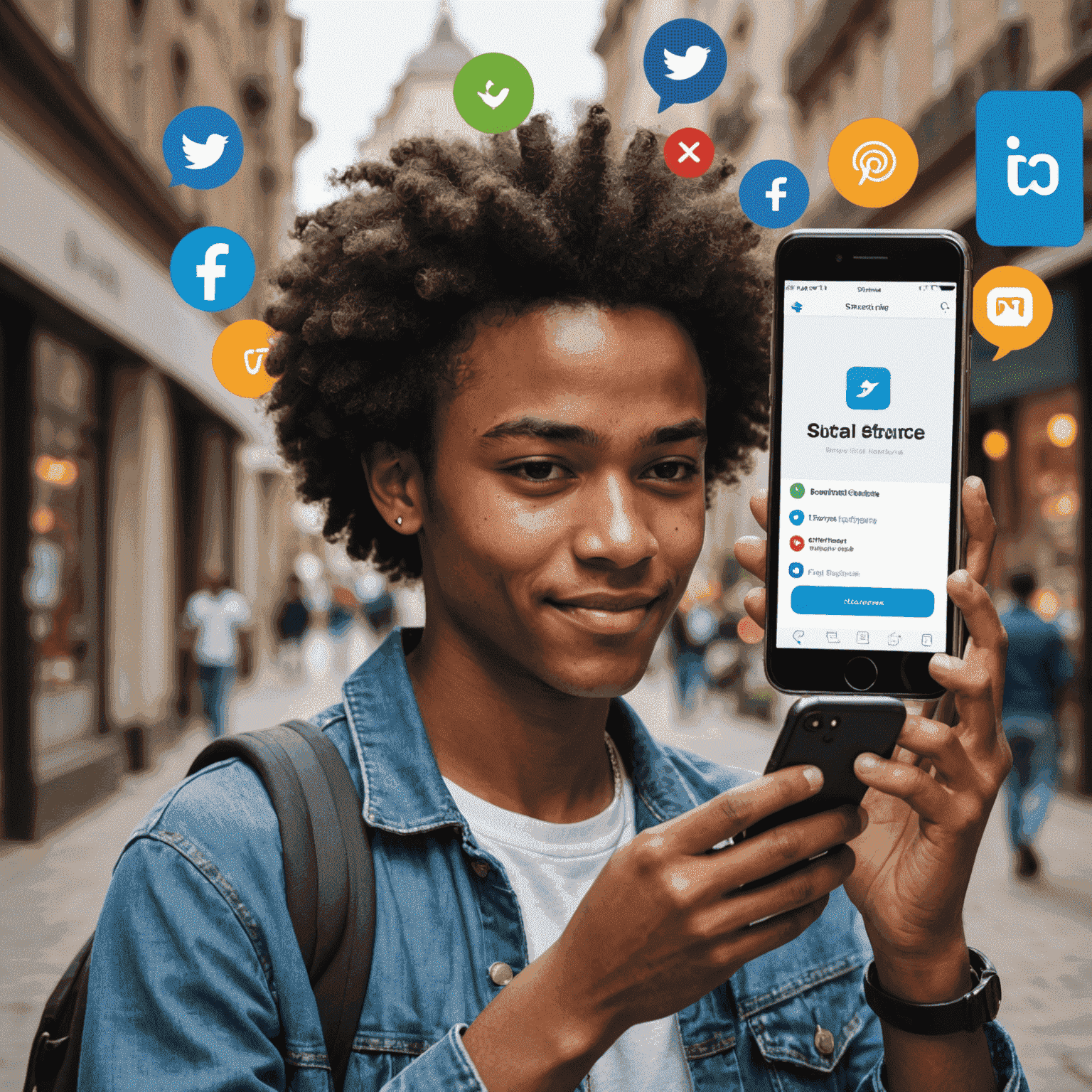 Swyp mobile recharge offer displaying social media icons and a young person using a smartphone